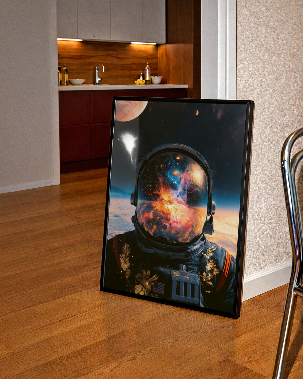 Astronaut Abstract Space Poster, Nebula Galaxy Helmet Reflection, Modern Wall Art