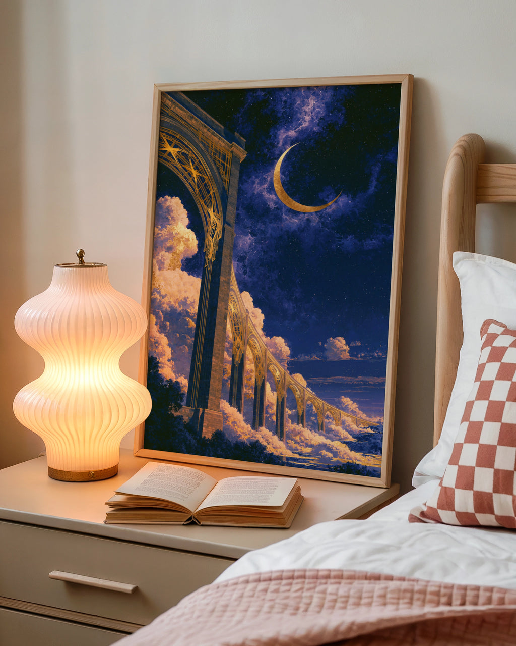 Cosmic Viaduct Night Sky Poster, Art Deco Arch Bridge, Crescent Moon Print