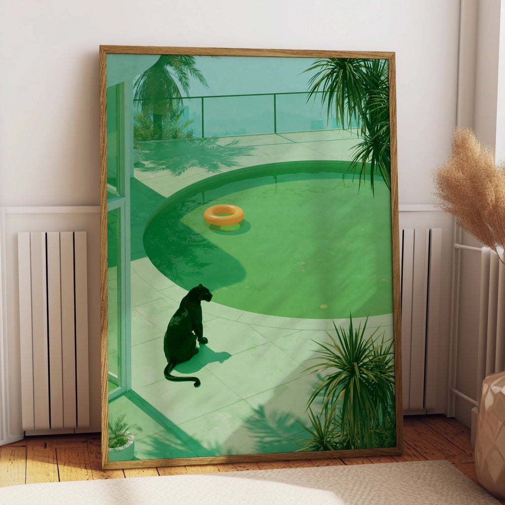 Black Panther by Pool Print, Green Tropical Art Poster, Modern Wildlife