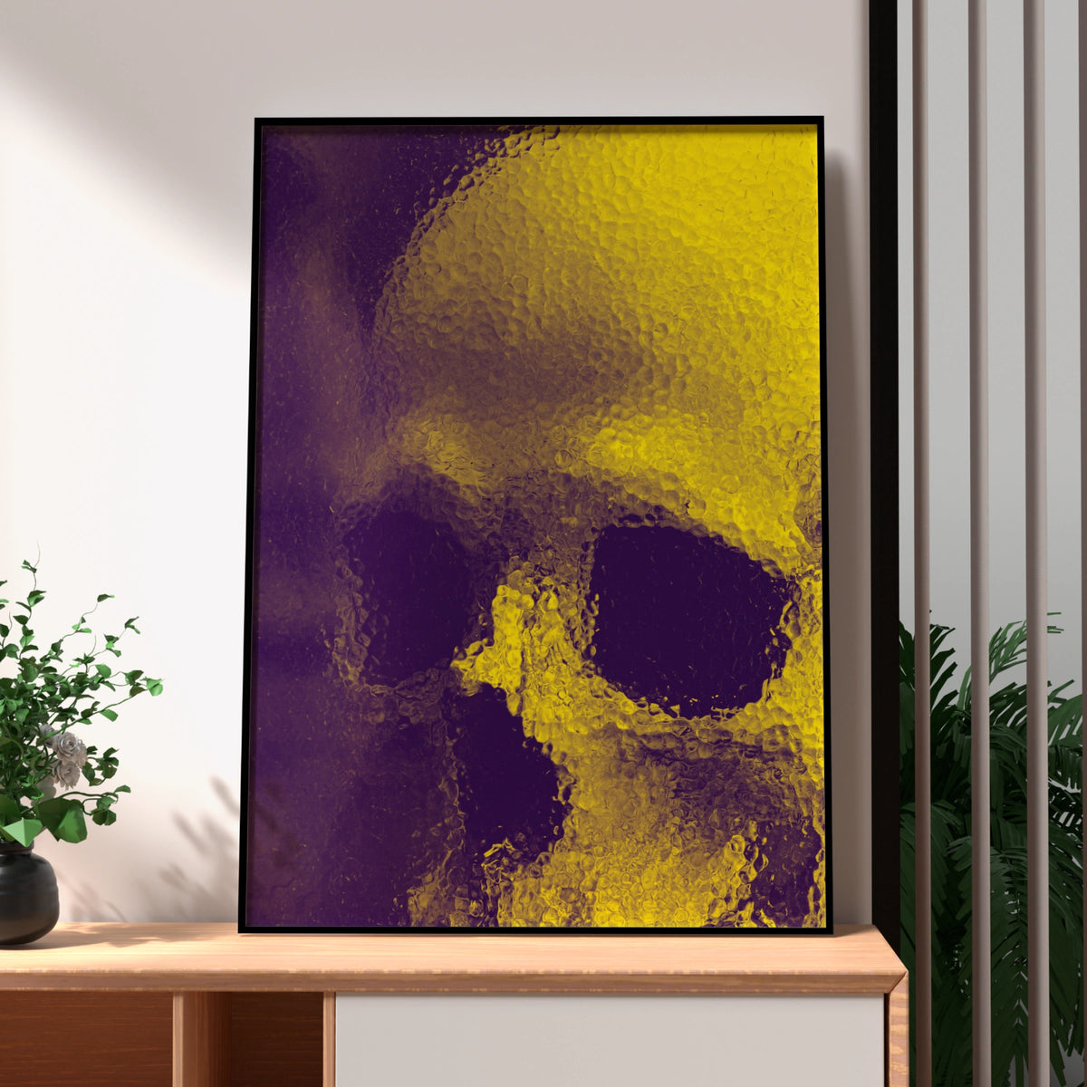 Yellow Glass Skull Poster, Dark Gothic Wall Art, Bold Modern Print