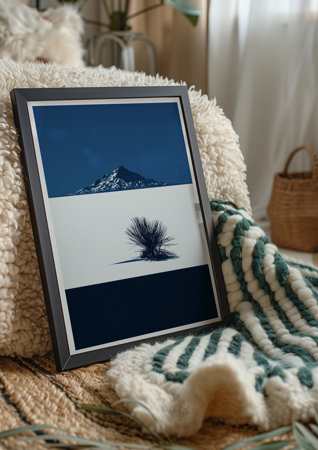 Desert Mountain Blue Poster, Minimalist Yucca Wall Art, Modern Nature Print
