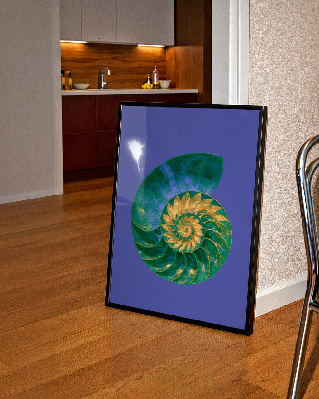 Nautilus Shell Poster, Green Gold Spiral, Bold Colour Nature Wall Art Print