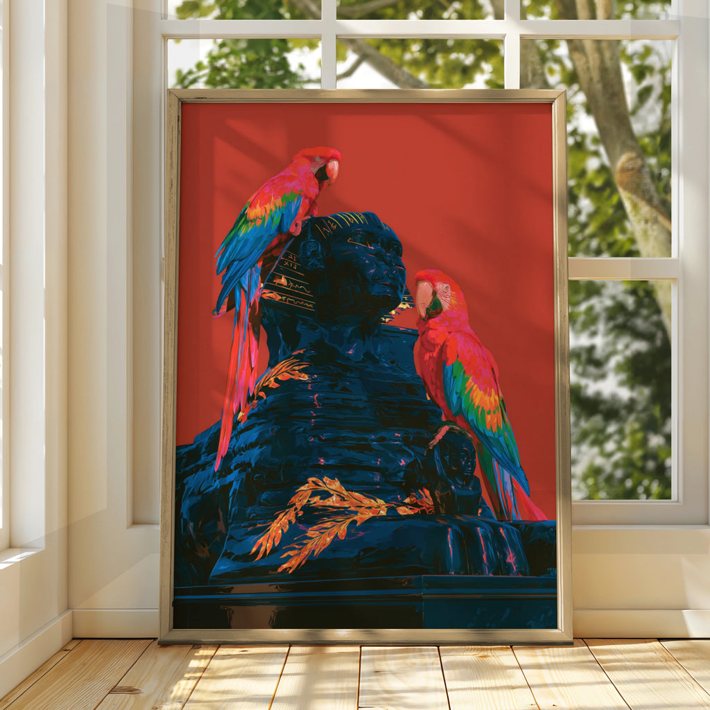 Parrots on Sphinx Statue Wall Art Poster, Bold Red Tropical Bird Print