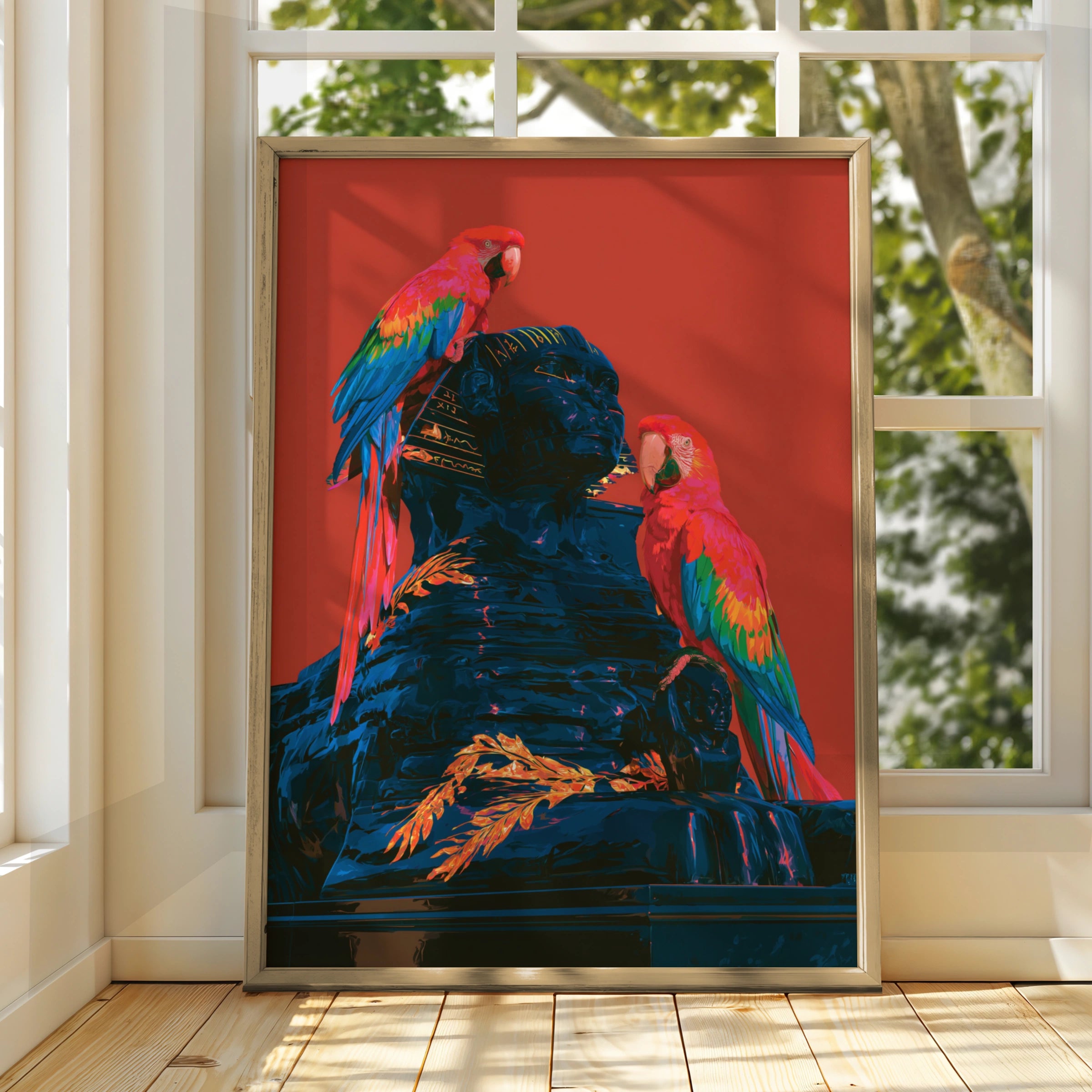 Parrots on Sphinx Statue Wall Art Poster, Bold Red Tropical Bird Print