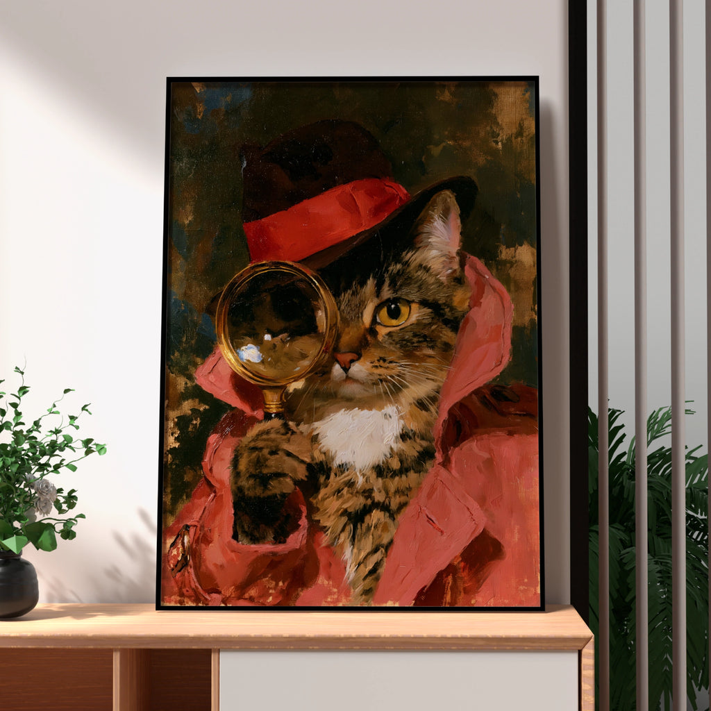 Detective Cat Poster, Magnifying Glass Tabby, Oil Painting Style Art Print