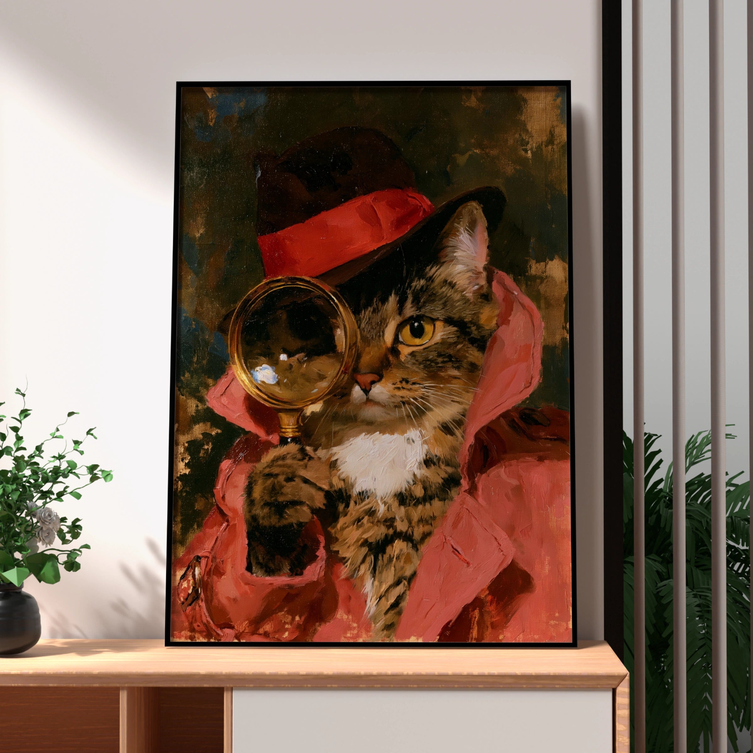Detective Cat Poster, Magnifying Glass Tabby, Oil Painting Style Art Print