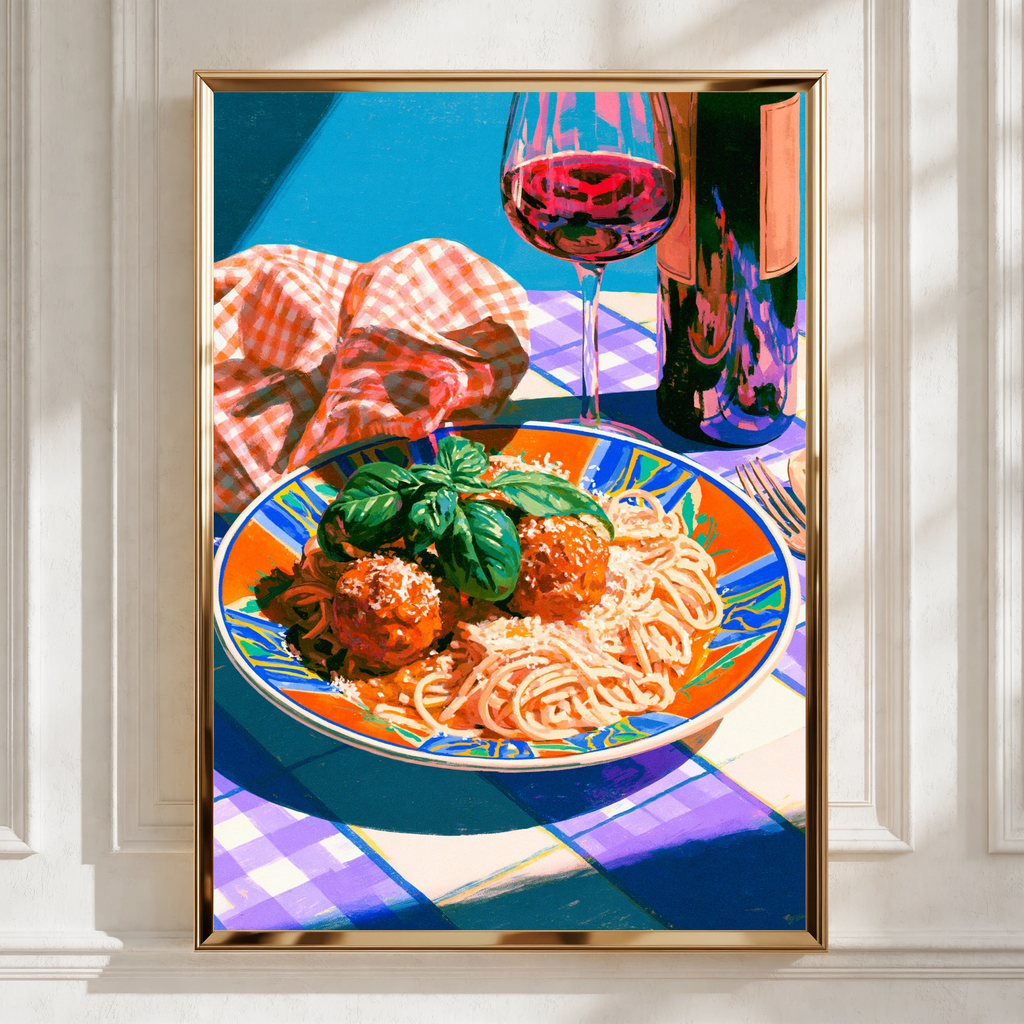 Pasta Meatballs Italian Food Poster, Spaghetti Wall Art, Colourful Kitchen Print