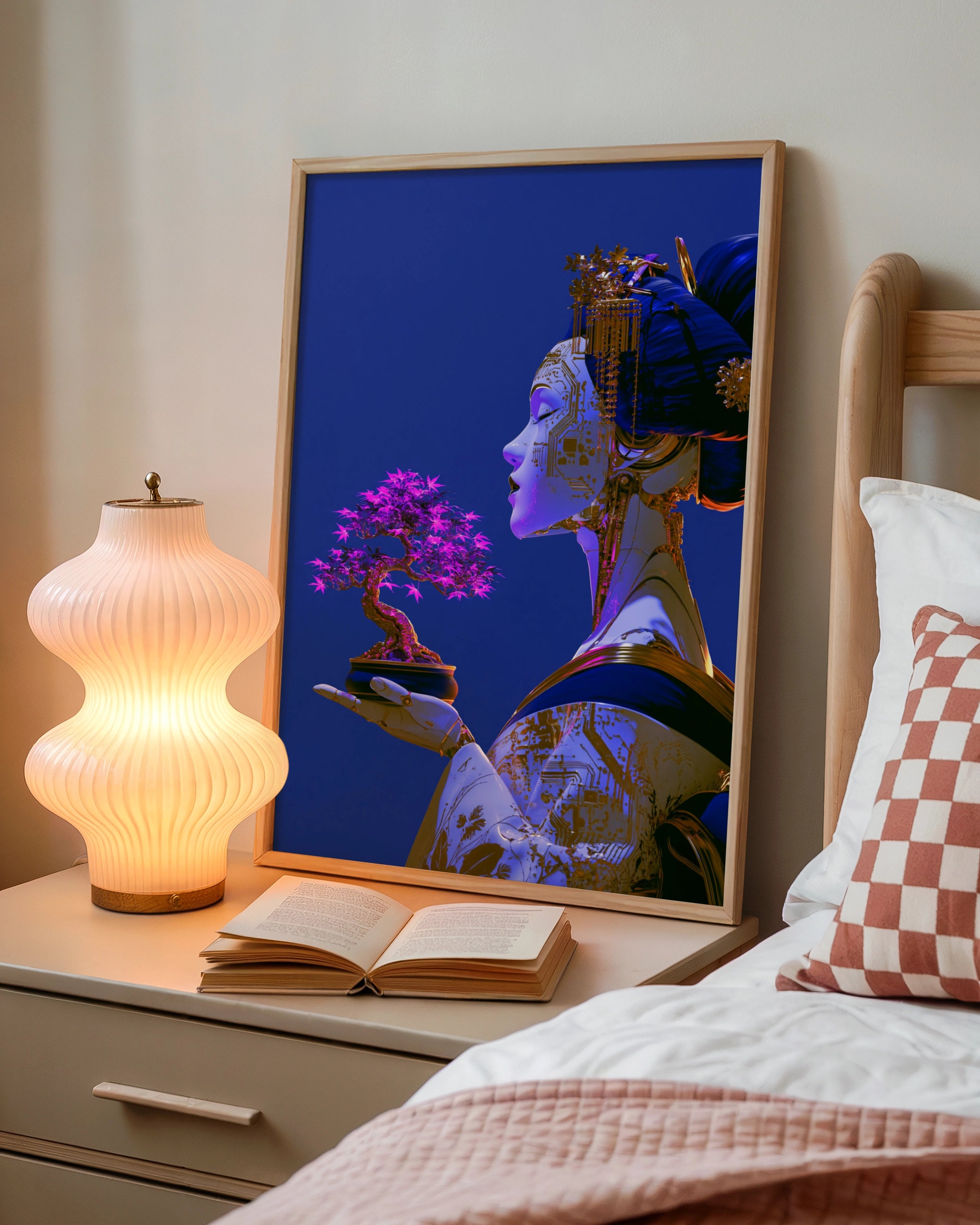 Cyber Geisha Bonsai Poster, Japanese Robot Art Print, Futuristic Blue Gold