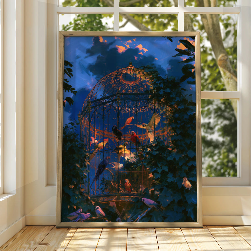 Aviary Parrots Poster, Ornate Birdcage Art Print, Dramatic Twilight Sky