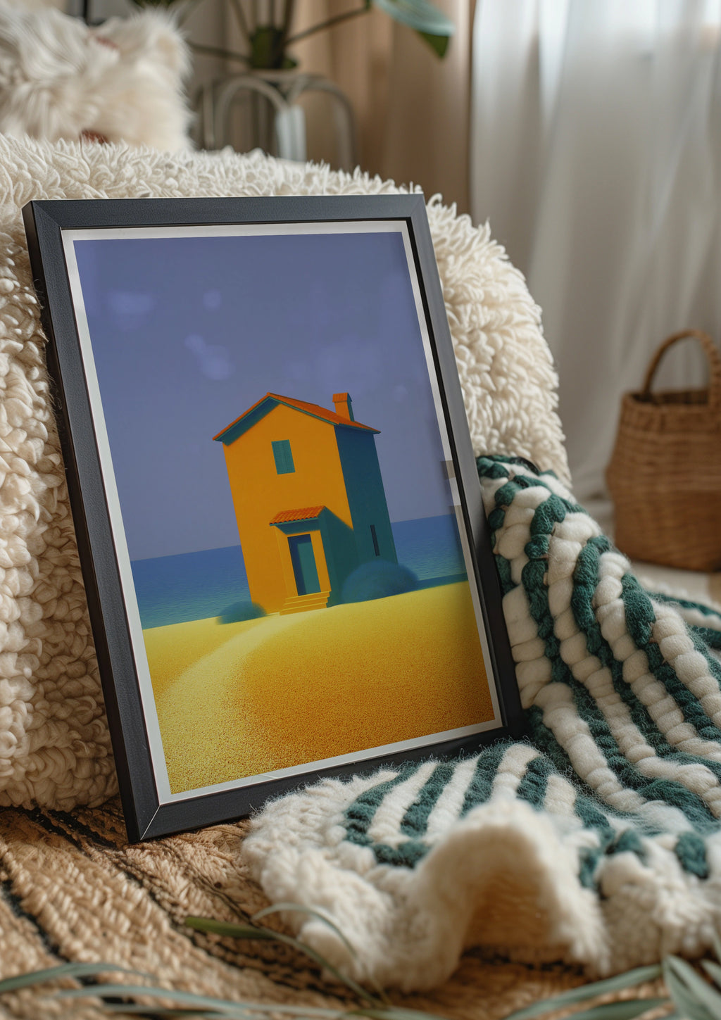 Beach House Abstract Art Print, Coastal Minimalist Poster, Orange Teal Blue