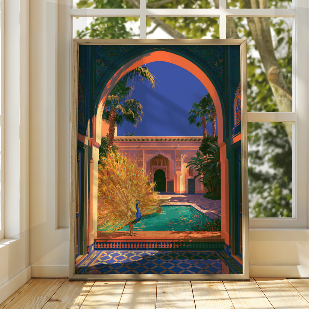 Peacock Moroccan Courtyard Poster, Marrakech Riad Pool Art Print, Vibrant