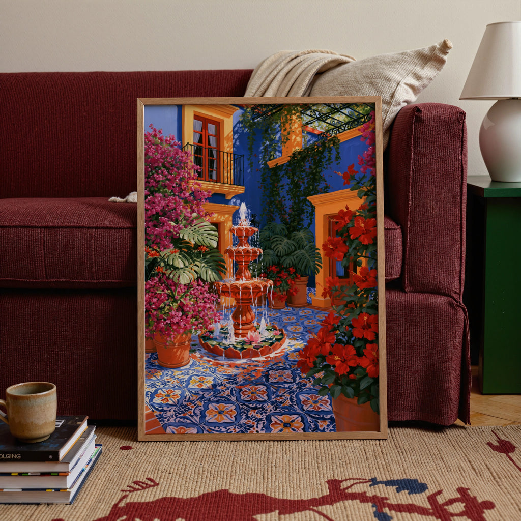 Mexican Courtyard Fountain Wall Art Poster, Colourful Botanical Print
