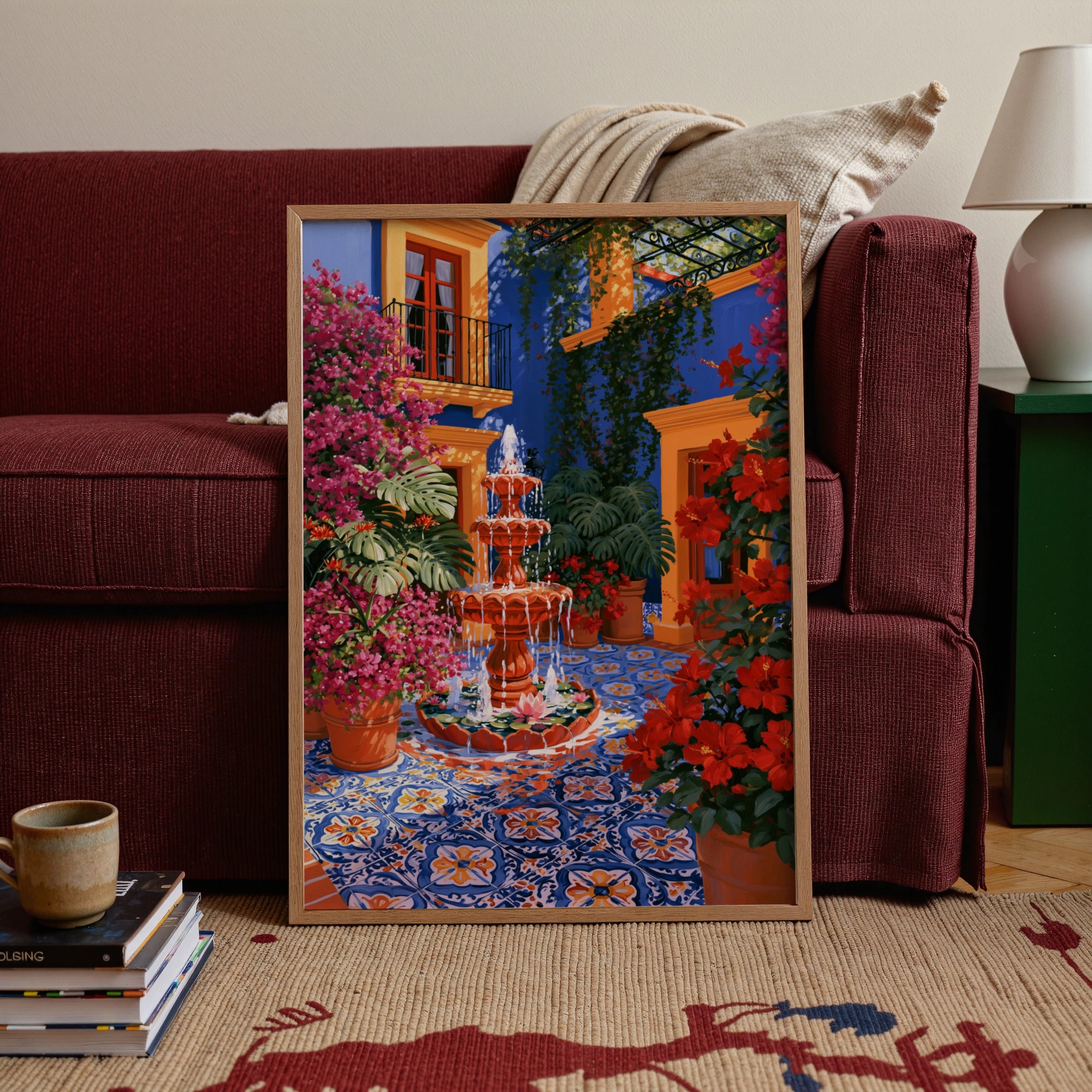 Mexican Courtyard Fountain Wall Art Poster, Colourful Botanical Print