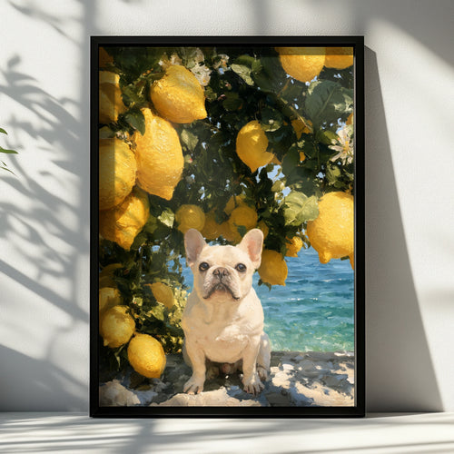 French Bulldog Lemon Tree Poster, Mediterranean Coast, Oil Painting Style