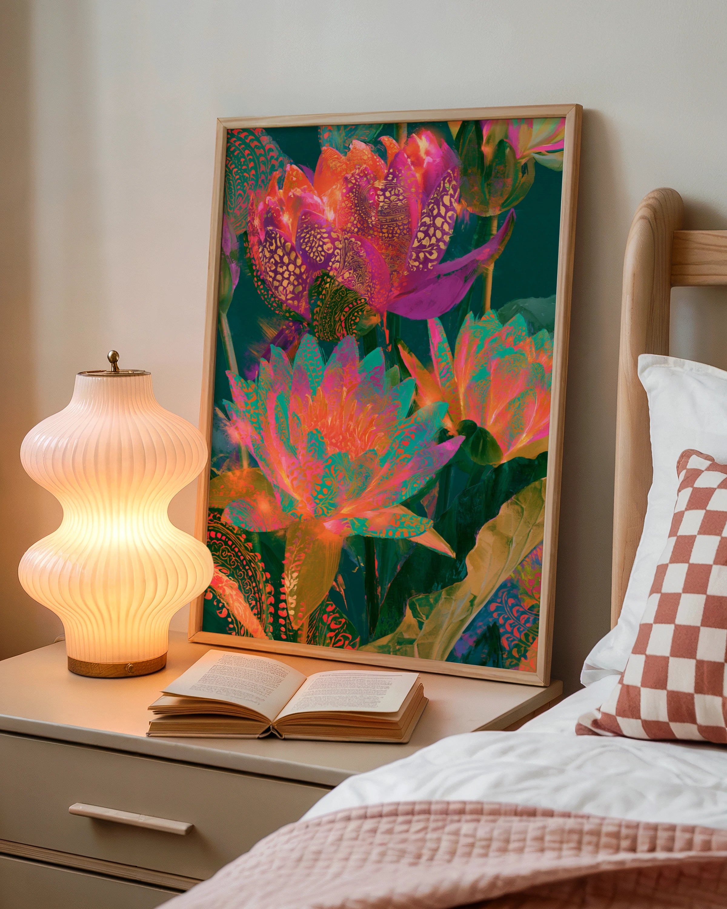 Abstract Glowing Lotus Flowers Poster, Vibrant Botanical Wall Art Print