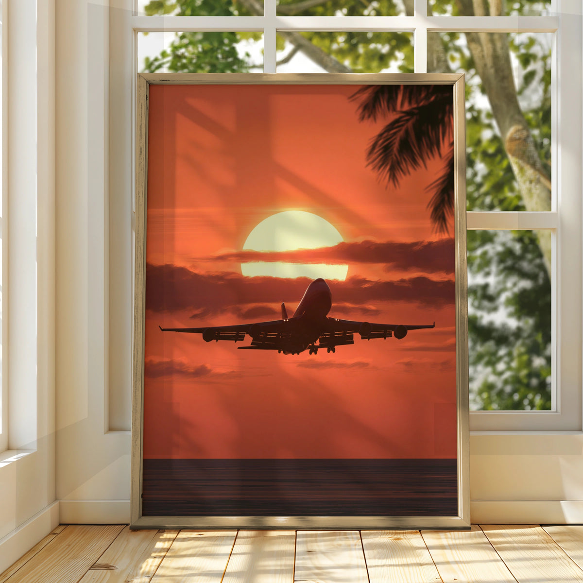 Plane Landing Sunset Poster, Aeroplane Silhouette, Tropical Travel Wall Art