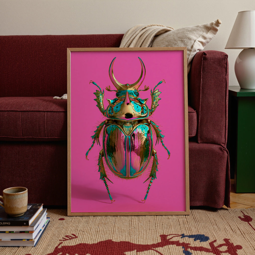 Metallic Beetle Poster, Pink Iridescent Insect Wall Art, Bold Colour Print
