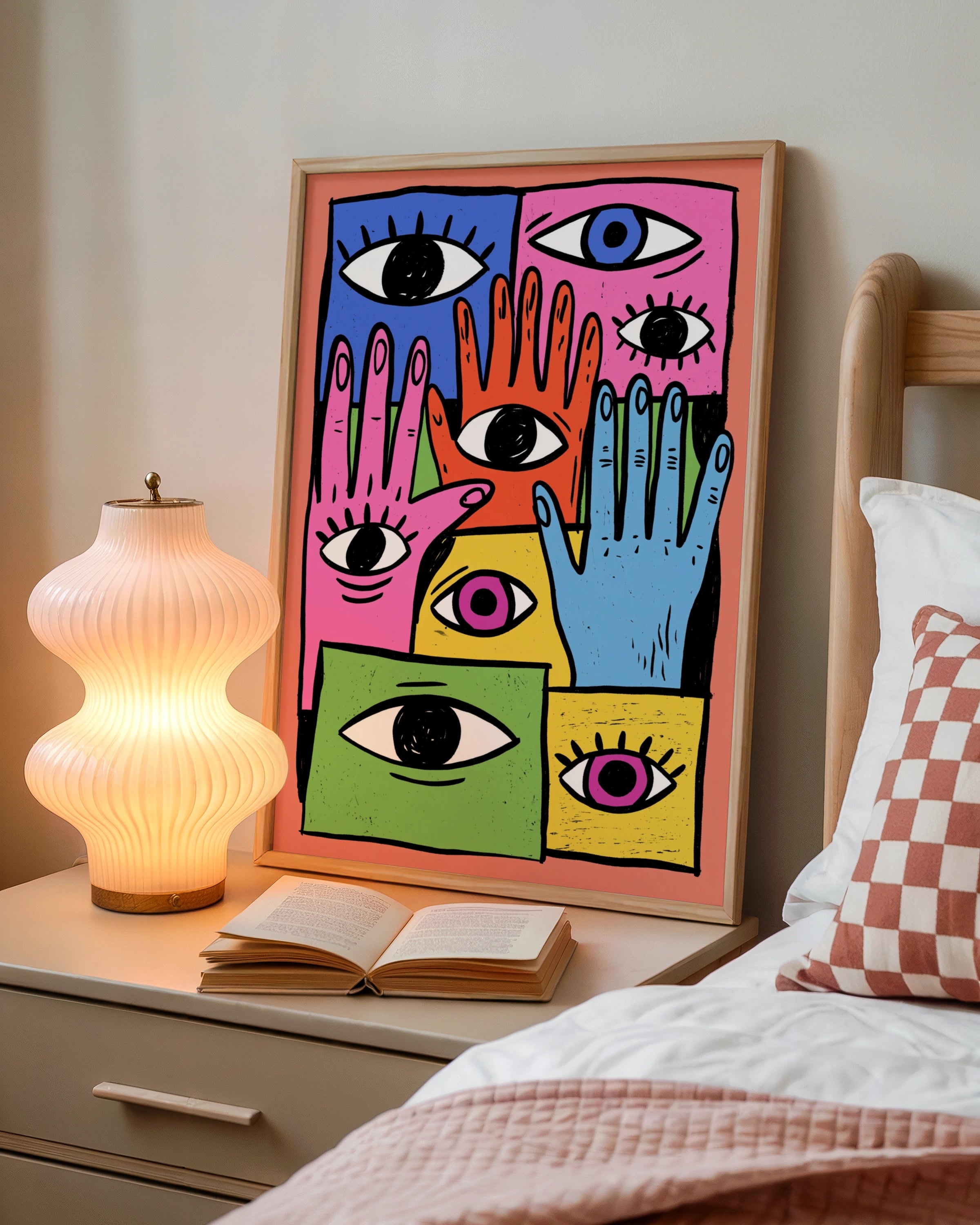 Hands and Eyes Wall Art Poster, Bold Colourful Maximalist Print