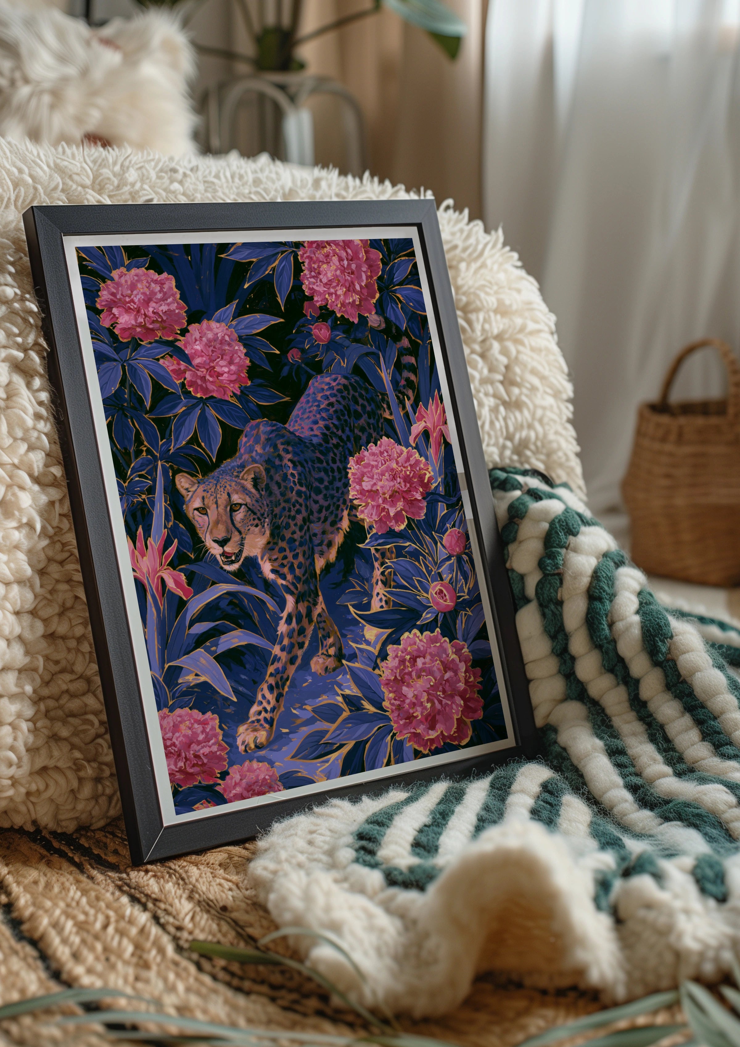 Cheetah Pink Flowers Poster, Botanical Jungle Wall Art, Dark Floral Print