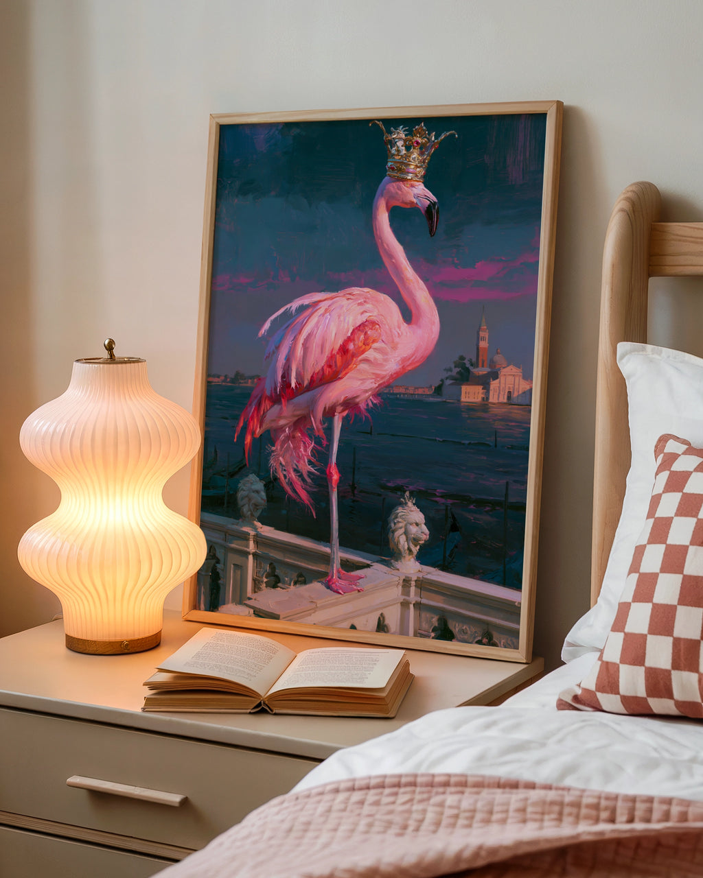 Royal Flamingo Venice Poster, Pink Bird Crown Wall Art, Oil Painting Style Print