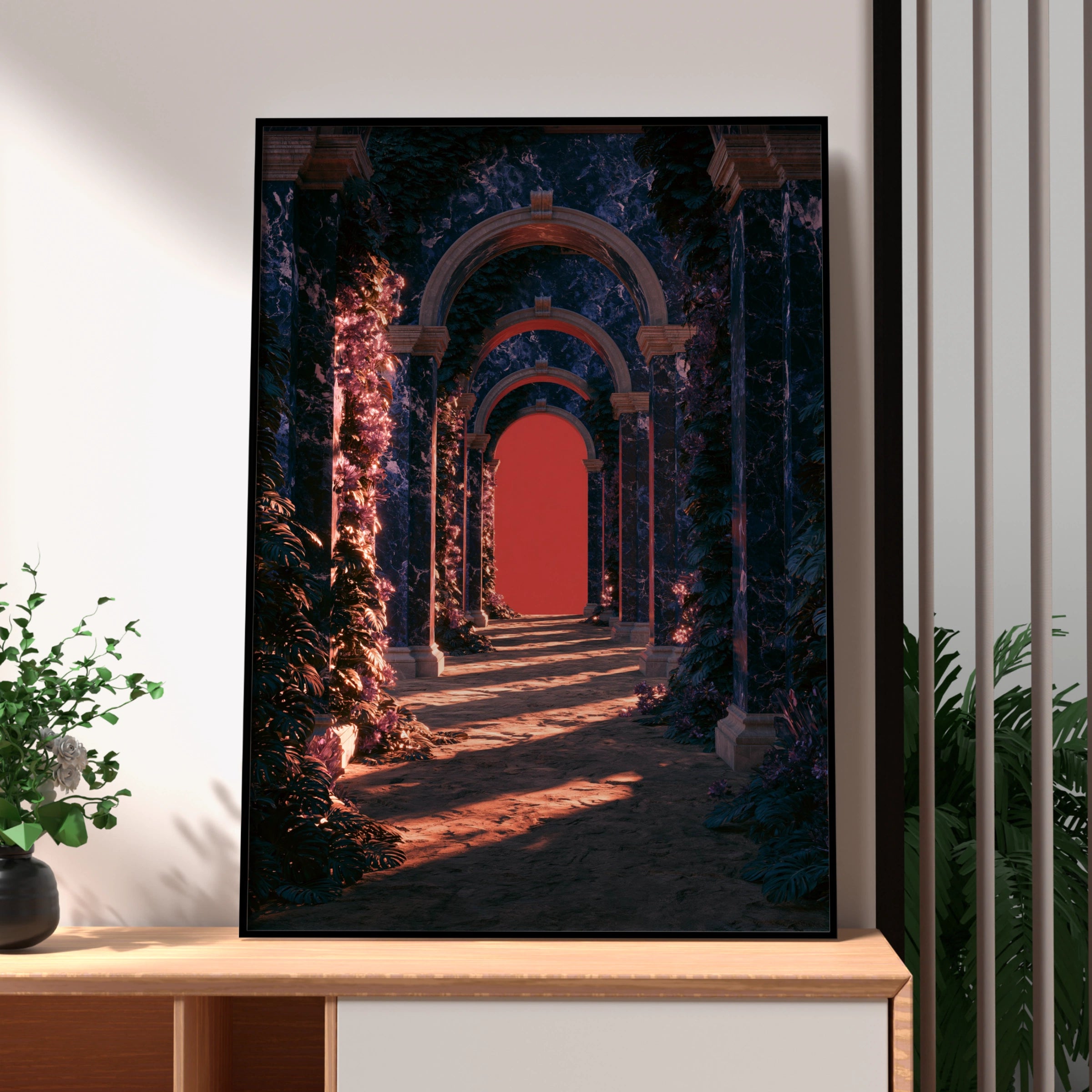 Blue Marble Arches Red Glow Poster, Classical Architecture Art Print