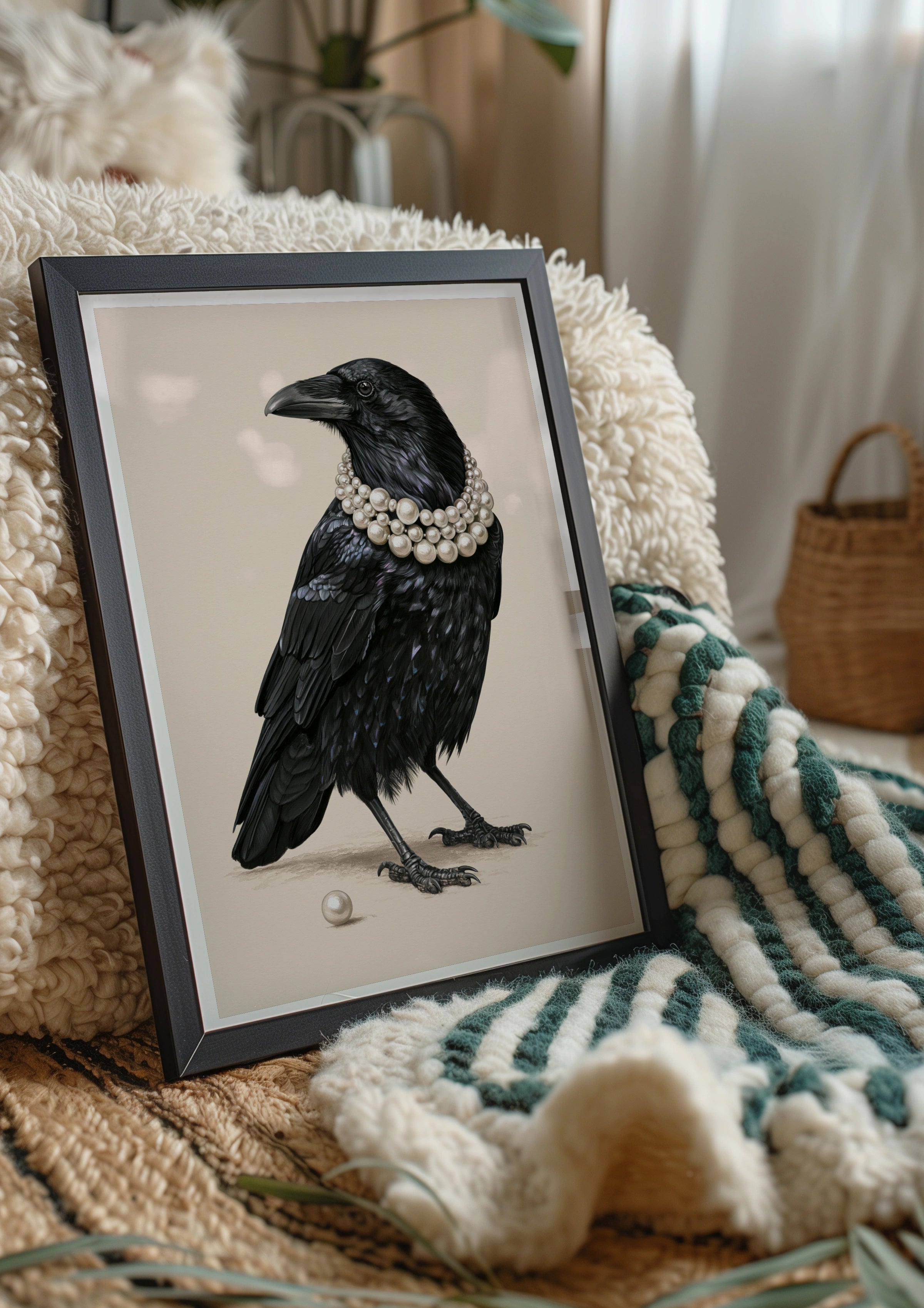 Raven with Pearl Necklace Poster, Black Crow Art Print, Whimsical Bird Wall Art