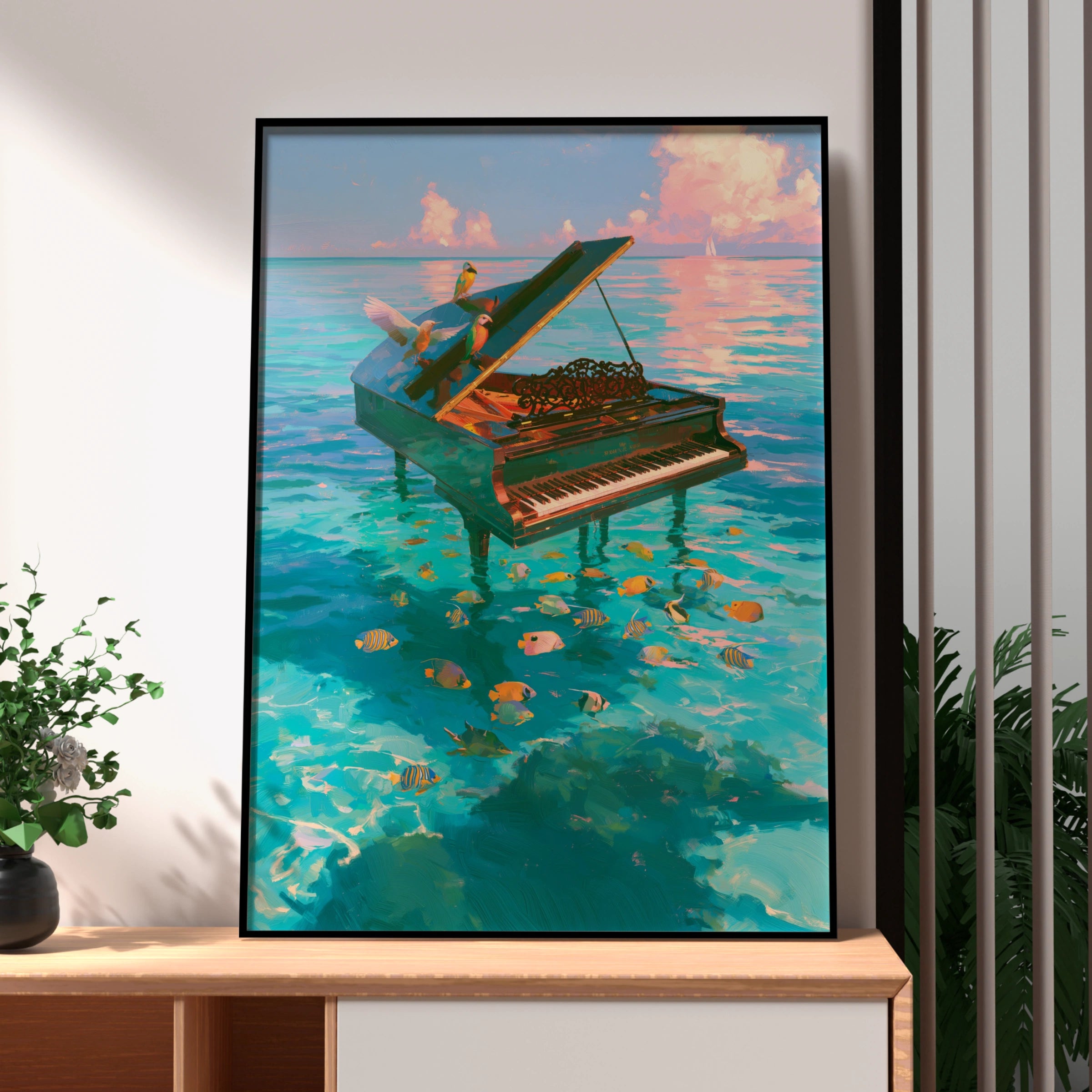 Piano in the Ocean Poster, Tropical Fish Birds Sea Art Print, Surreal