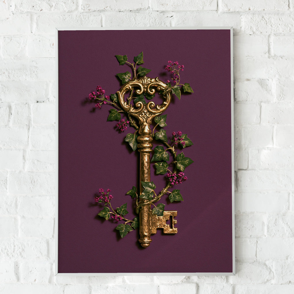 Antique Gold Key Floral Poster, Botanical Ivy Wall Art, Dark Maximalist Print