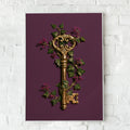 Antique Gold Key Floral Poster, Botanical Ivy Wall Art, Dark Maximalist Print