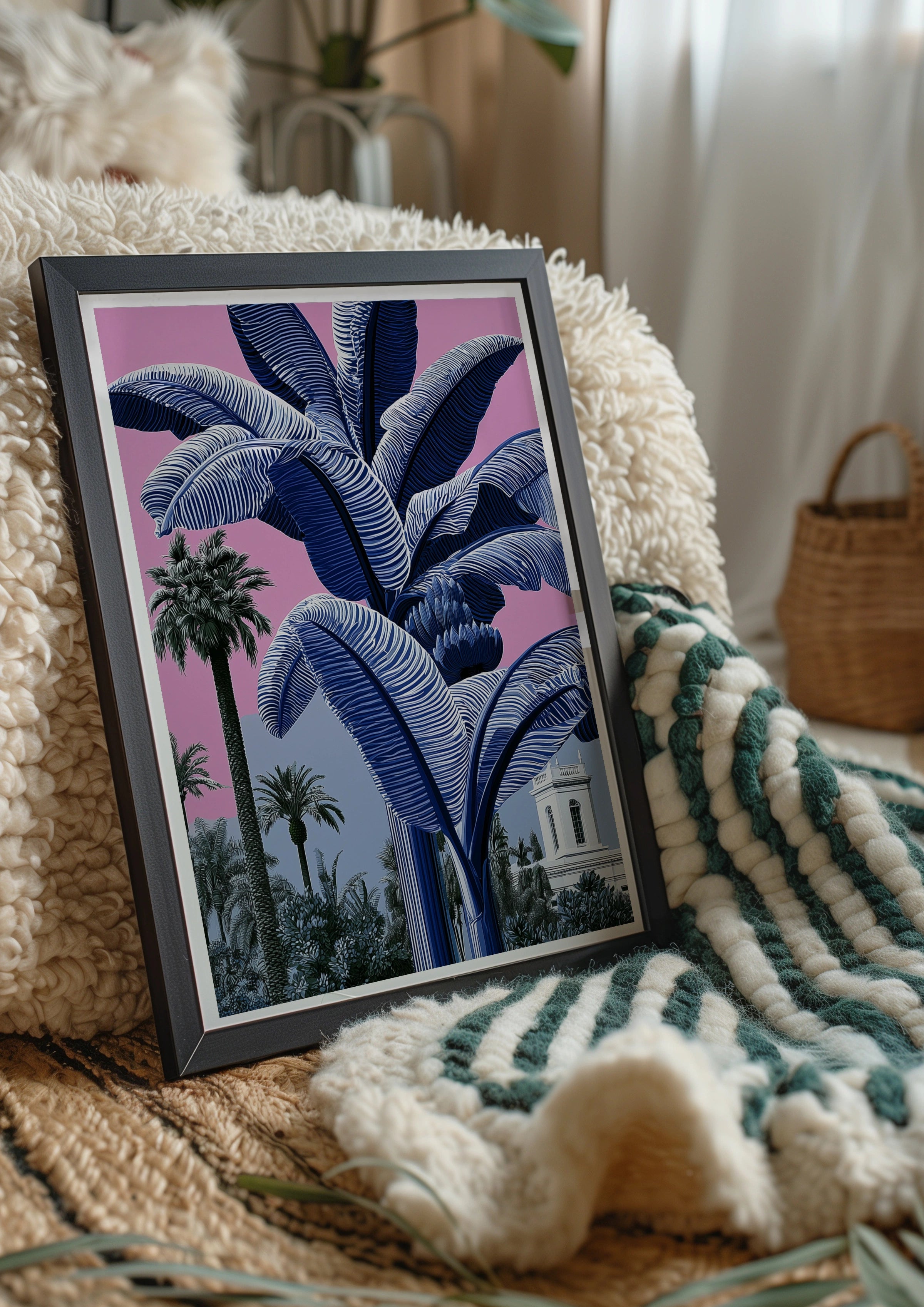 Blue Banana Tree Poster, Tropical Palm Pink Sky, Bold Botanical Wall Art