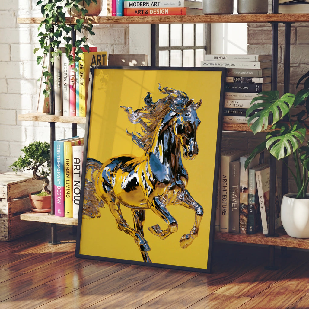 Chrome Horse Poster, Metallic Yellow Wall Art, Bold Modern Print