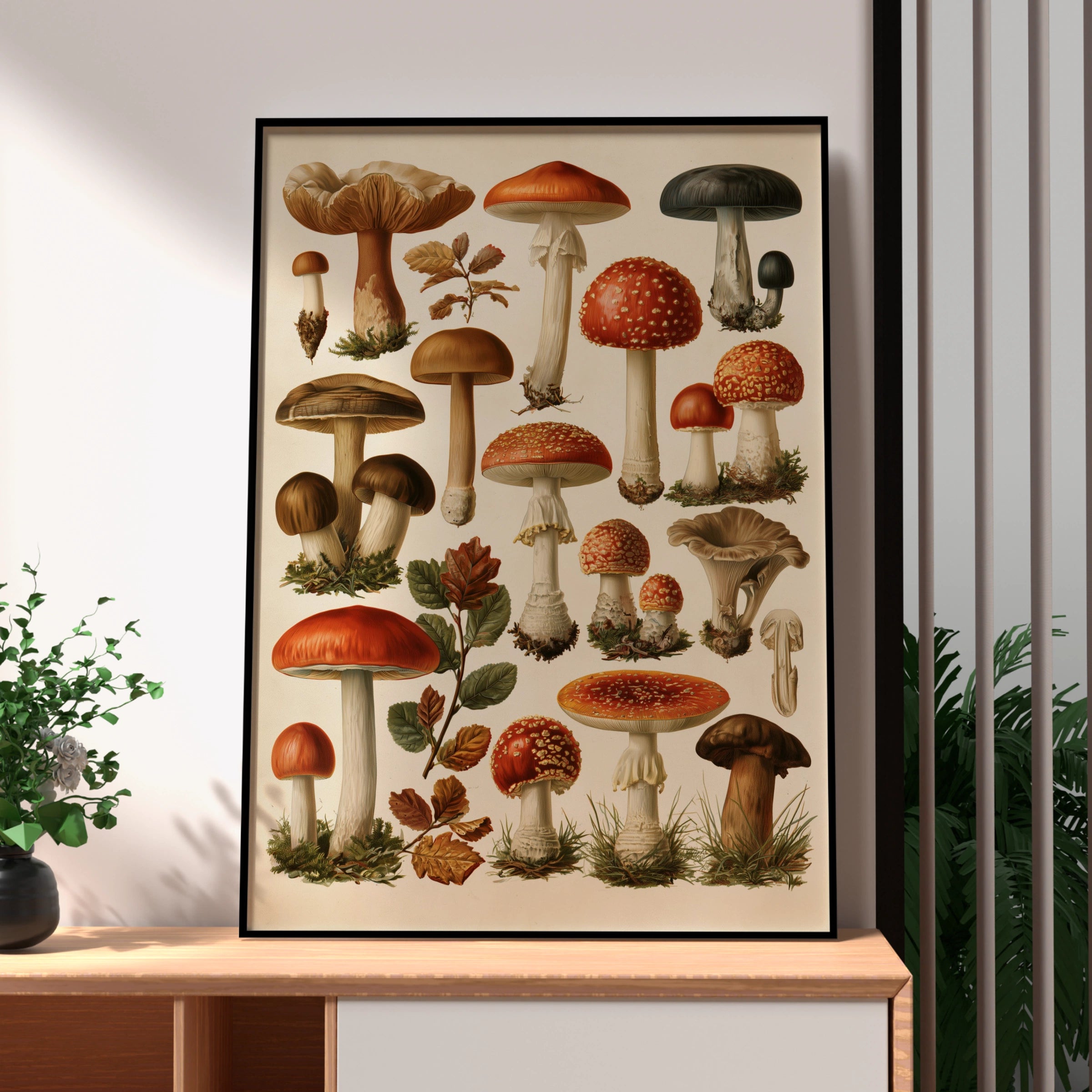 Mushrooms Botanical Illustration Poster, Vintage Fungi Wall Art Print