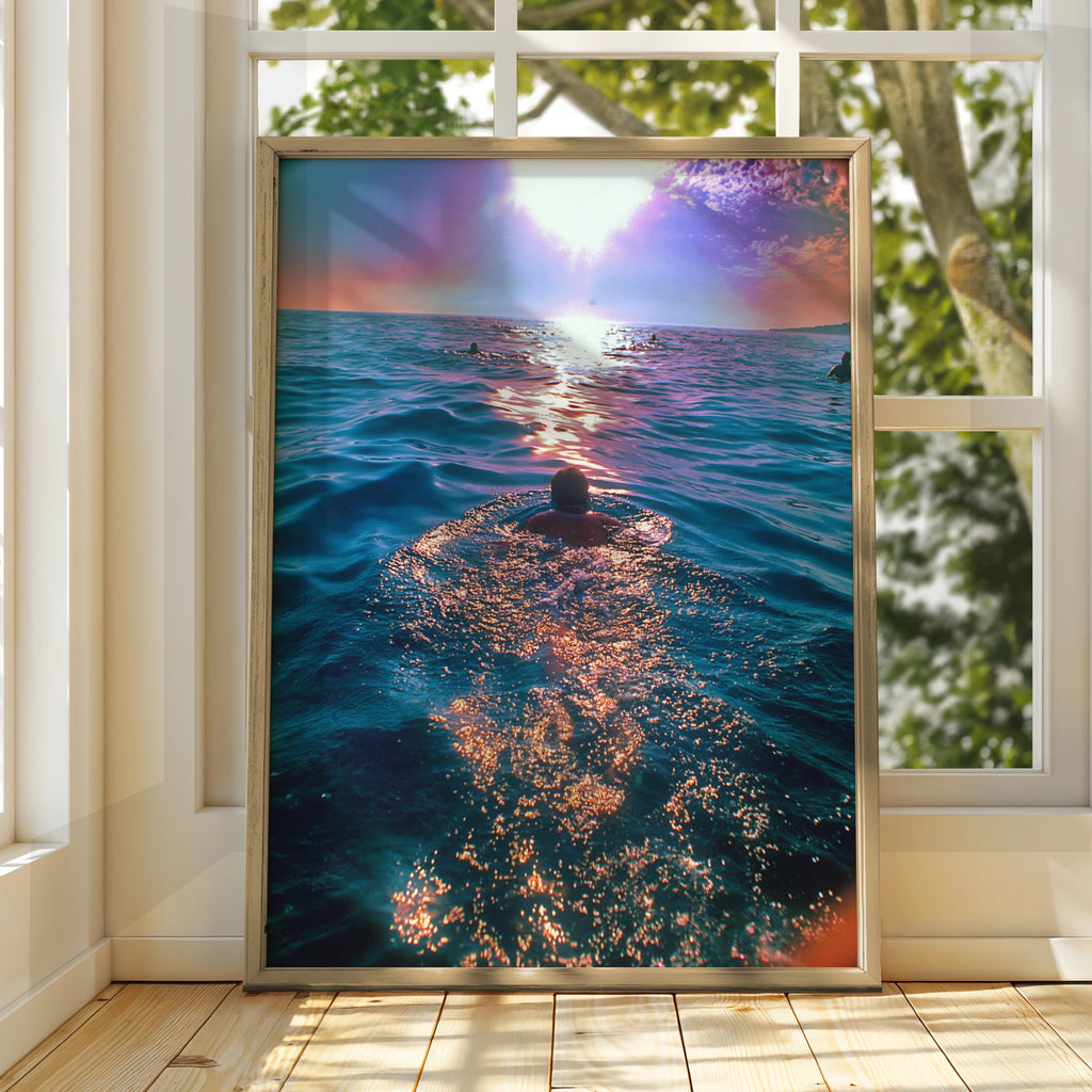 Swimming Man at Sunset Ocean Poster, Sea Swimming Wall Art, Vibrant Blue