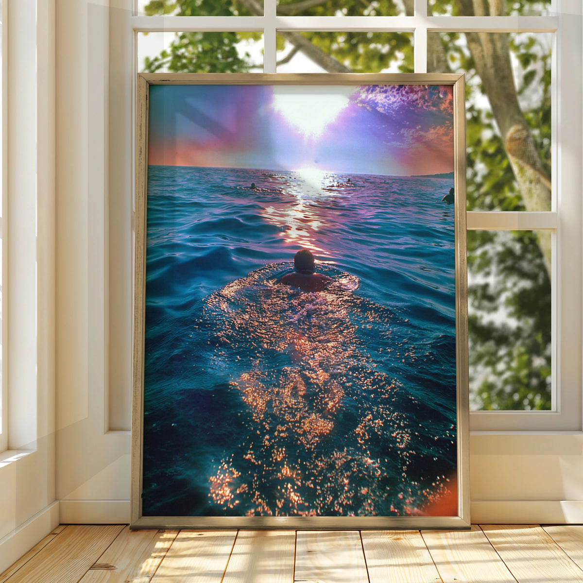 Swimming Man at Sunset Ocean Poster, Sea Swimming Wall Art, Vibrant Blue