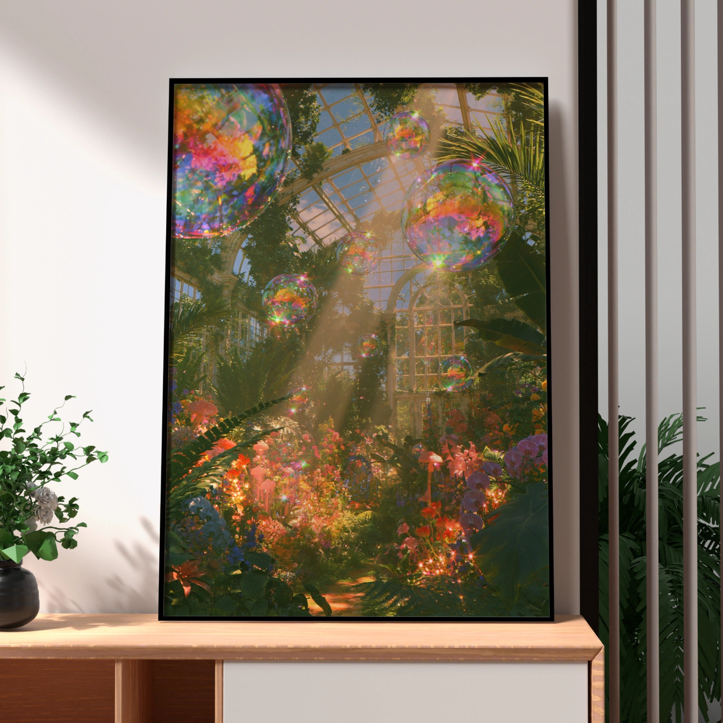 Surreal Greenhouse Bubbles Wall Art Poster, Botanical Fantasy Print