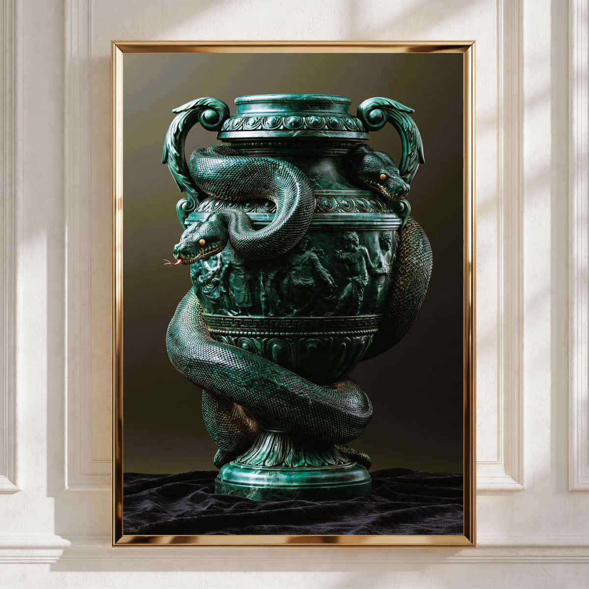 Snake Vase Green Marble Poster, Classical Urn Art Print, Dark Maximalist