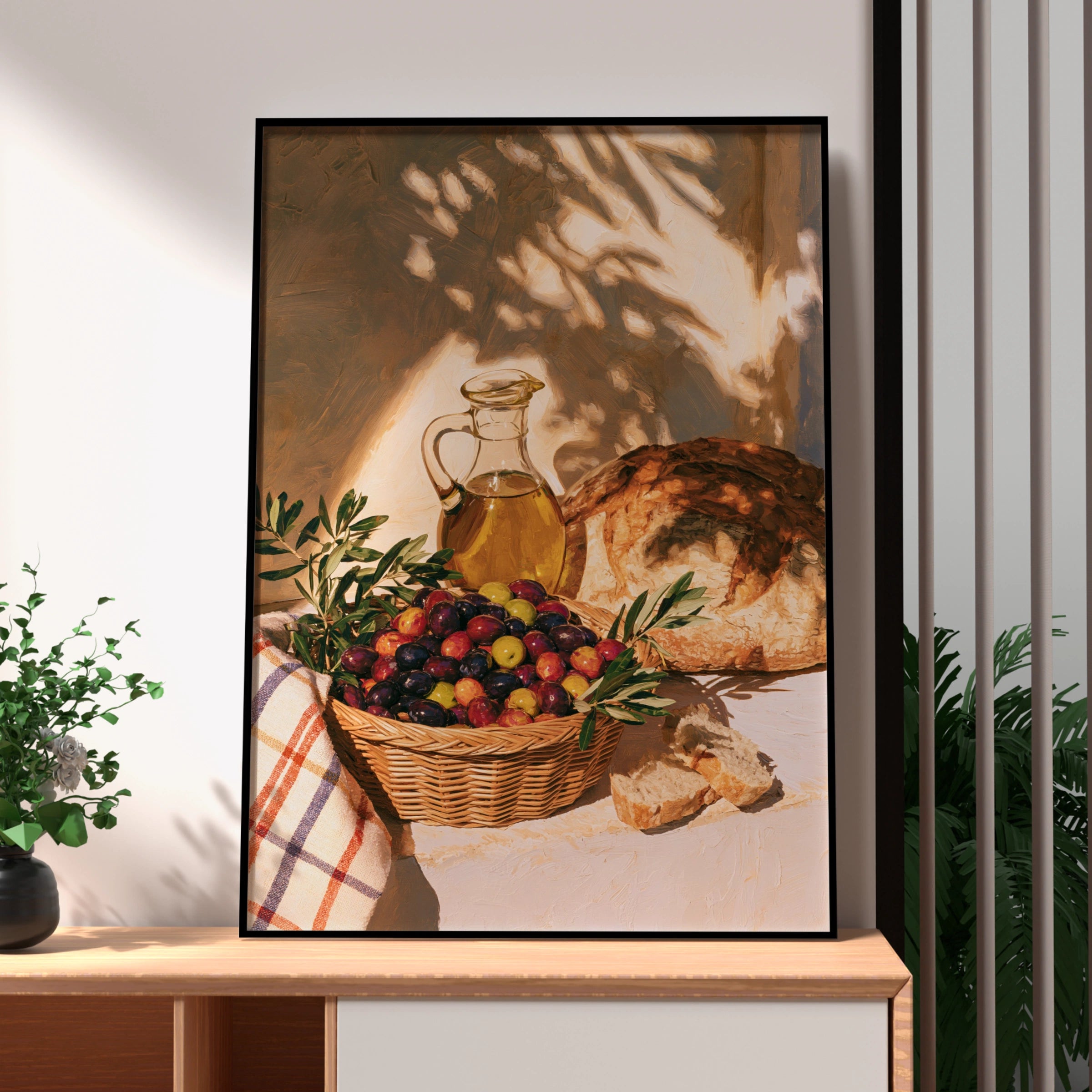 Olives Bread Olive Oil Still Life Poster, Mediterranean Kitchen Wall Art, Sun-Drenched Oil Painting Print