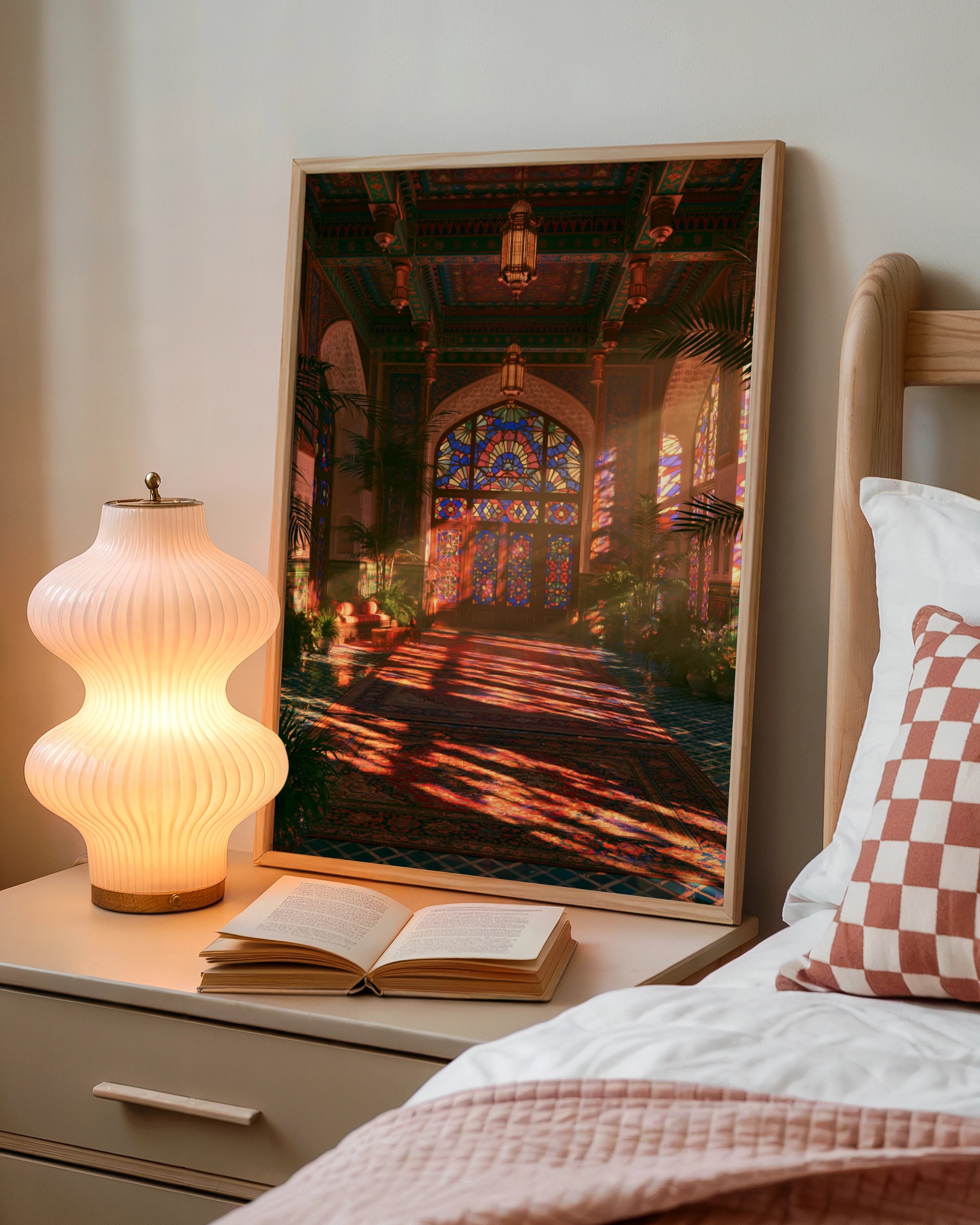 Stained Glass Hall Sunset Poster, Moorish Interior Art Print, Warm Golden Light