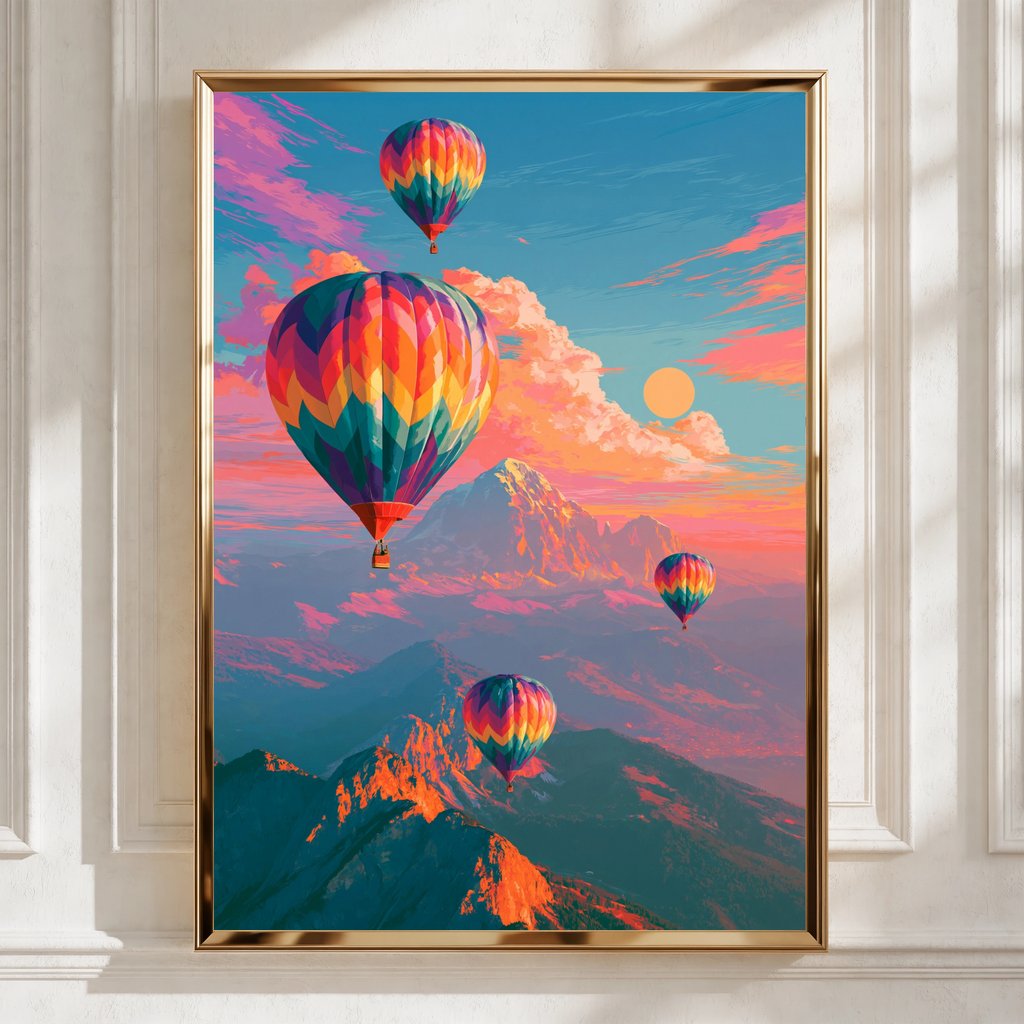 Hot Air Balloons Over Mountains Poster, Colourful Sky Art Print