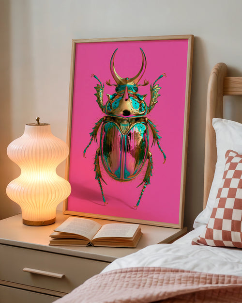 Metallic Beetle Poster, Pink Iridescent Insect Wall Art, Bold Colour Print