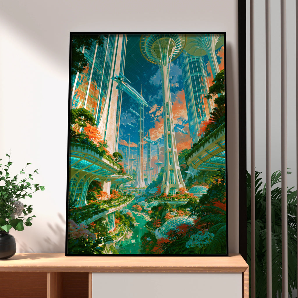 Futuristic Space City Poster, Sci-Fi Cityscape Wall Art, Utopian Print