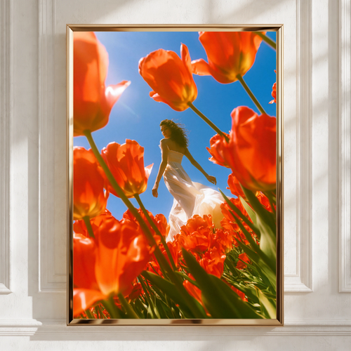 Woman in Tulip Field Poster, Red Flowers Blue Sky, Botanical Art Print