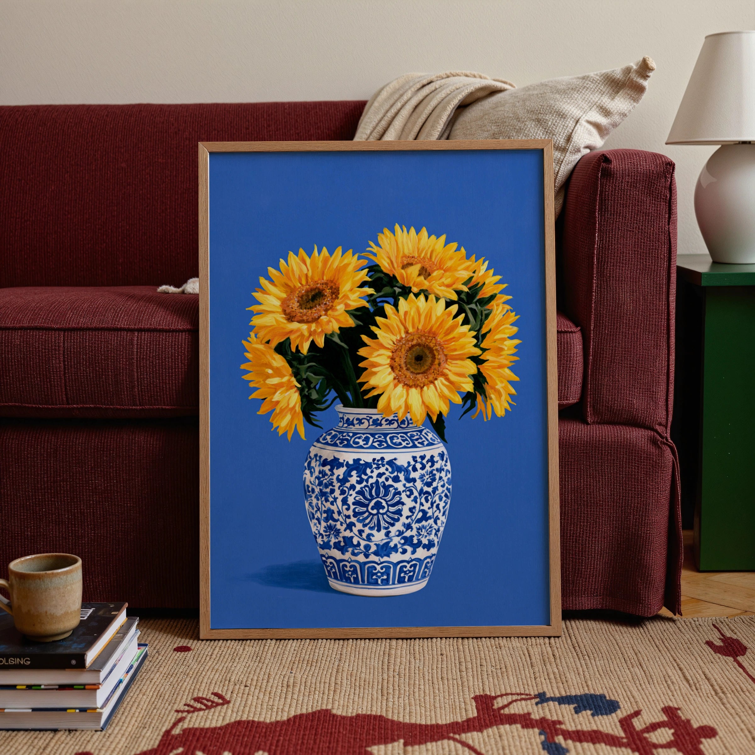Sunflowers in Porcelain Vase Poster, Blue White Chinoiserie Floral Wall Art