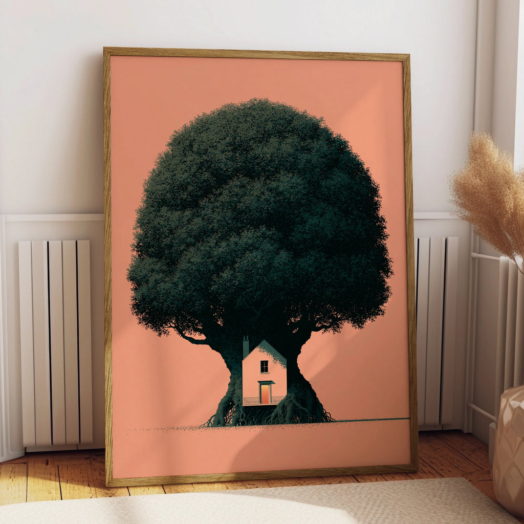 Giant Tree House Poster, Minimalist Nature Art Print, Peach Orange Wall Decor
