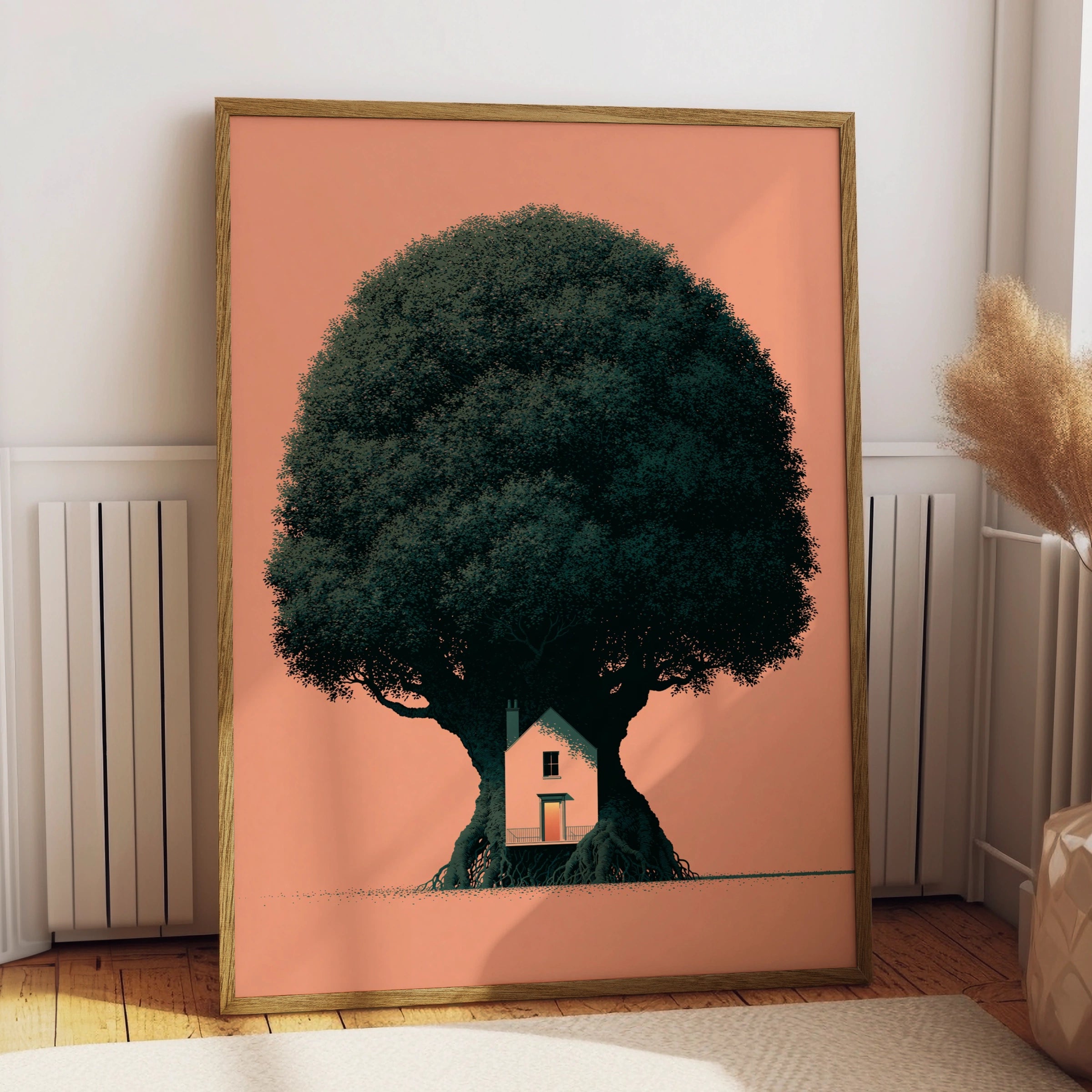 Giant Tree House Poster, Minimalist Nature Art Print, Peach Orange Wall Decor