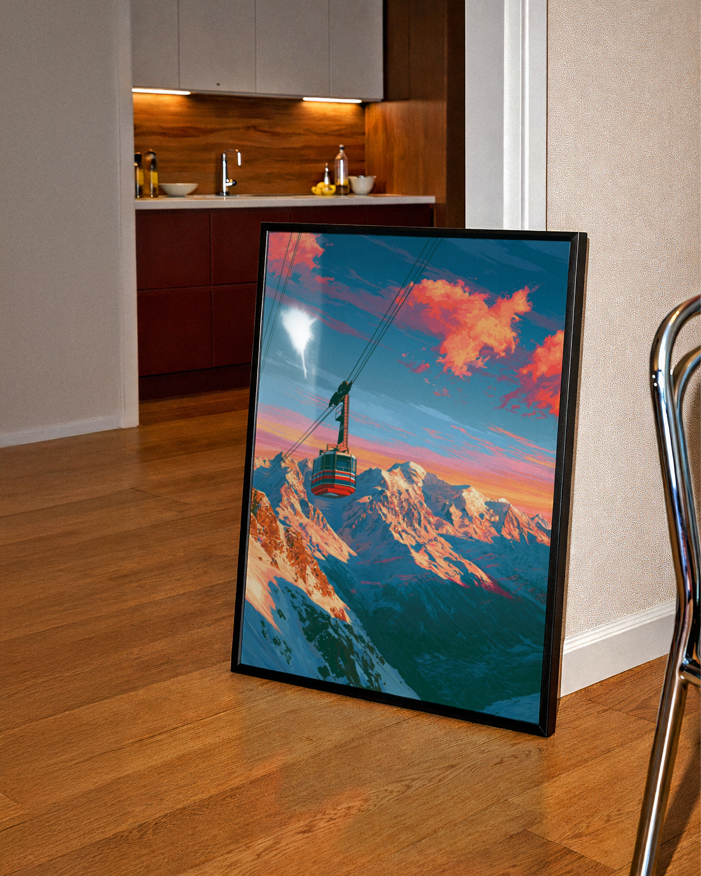 Cable Car Mountain Sunset Poster, Pink Clouds Alpine Art Print, Ski Resort Wall Art