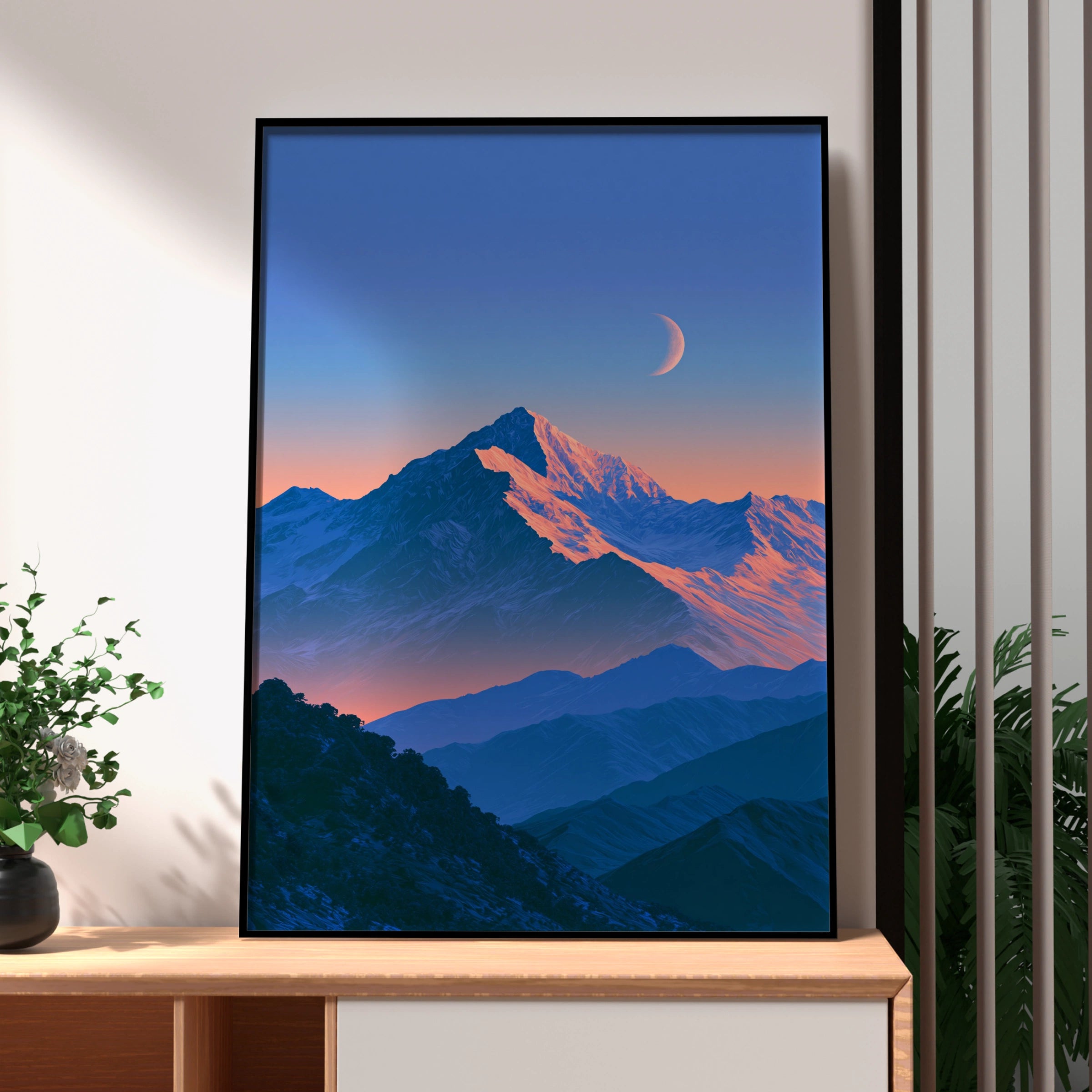 Mountain Moon Blue Poster, Snowy Peak Crescent Moon, Twilight Wall Art Print