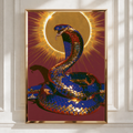 Cobra Snake Sun Poster, Crimson Blue Gold Wall Art, Mythic Serpent Print