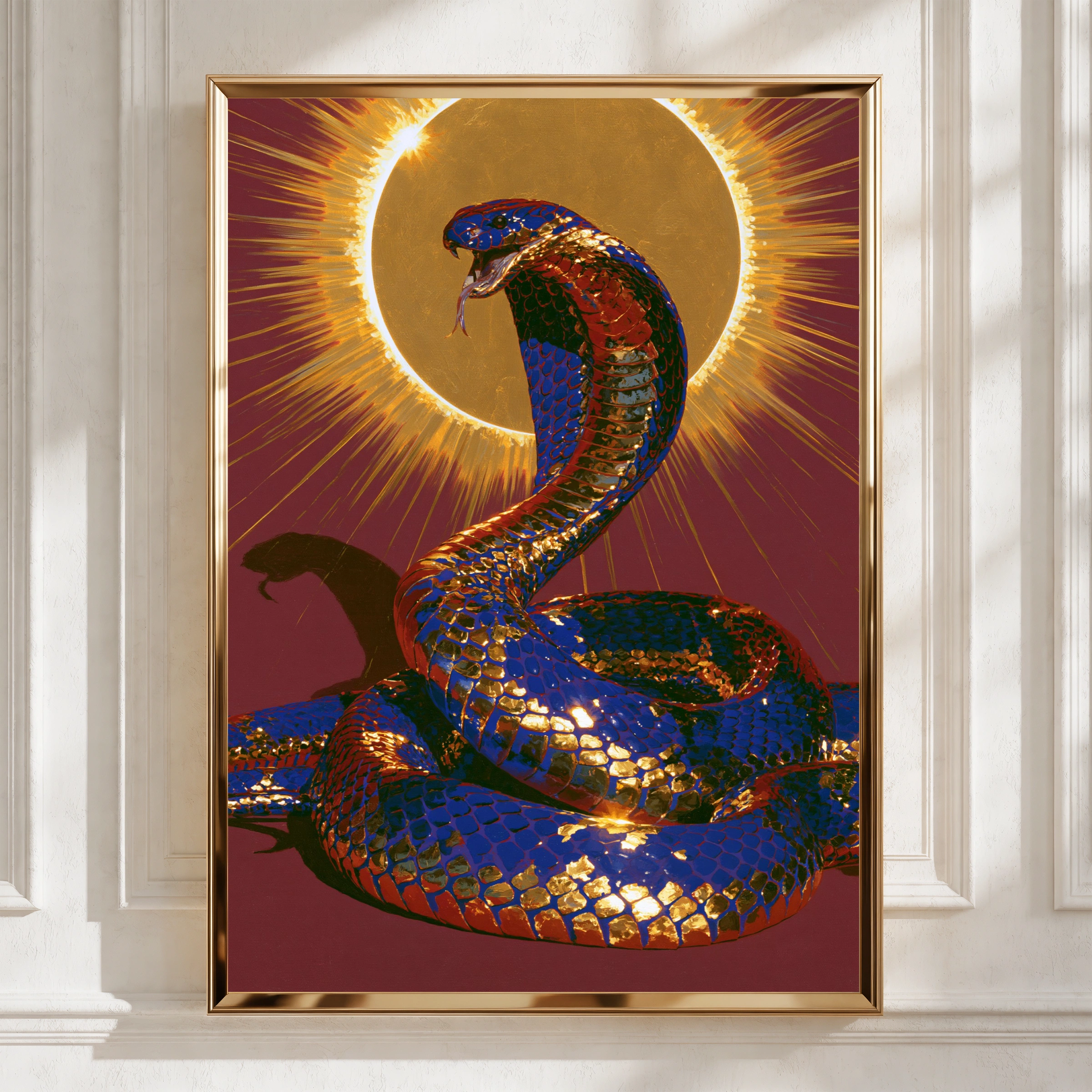 Cobra Snake Sun Poster, Crimson Blue Gold Wall Art, Mythic Serpent Print