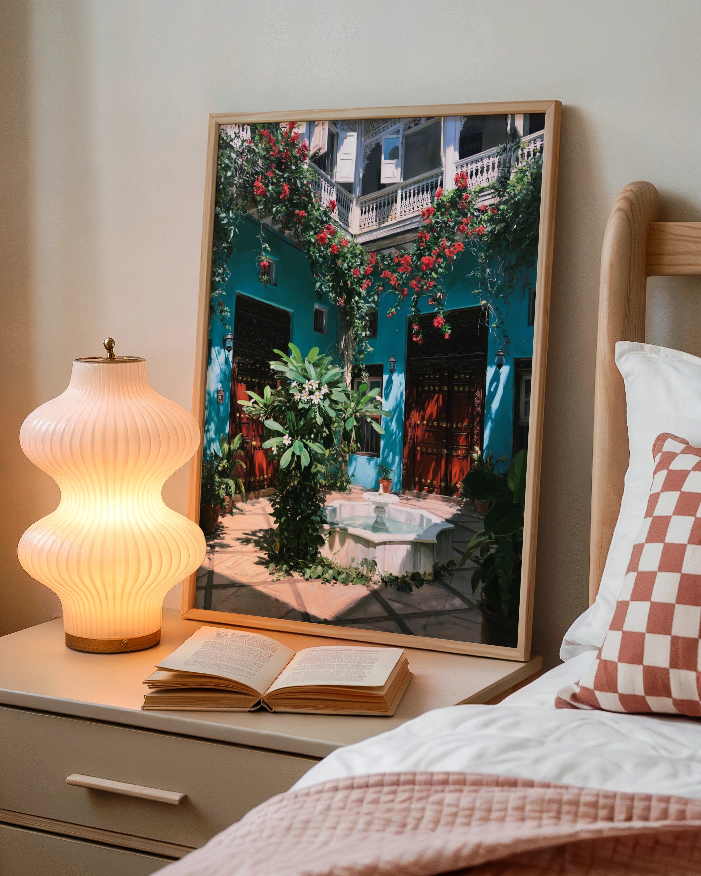 Zanzibar Courtyard Poster, Teal Riad Fountain Wall Art, Tropical Floral Print
